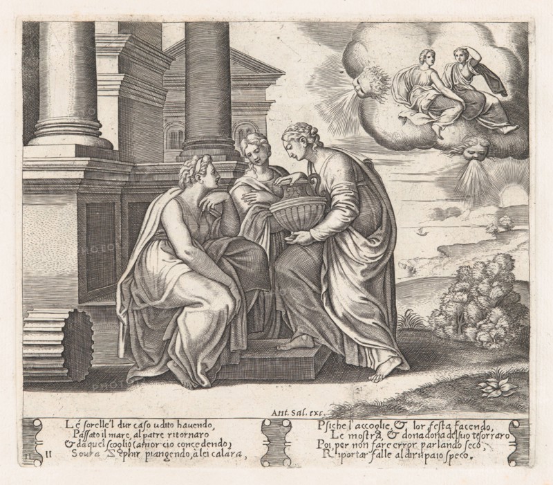 Plate 11: Psyche offering presents to her sisters who also appear on the clouds at uppe..., 1530-60. Creator: Master of the Die.