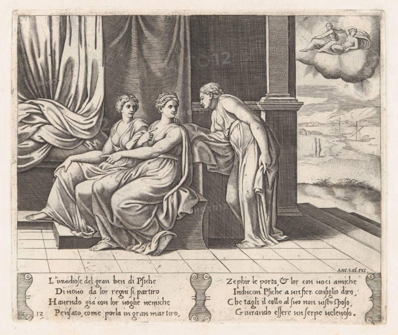 Plate 12: Psyche's sisters persuading Psyche that she has been sleeping with a serpent,..., 1530-60. Creator: Master of the Die.