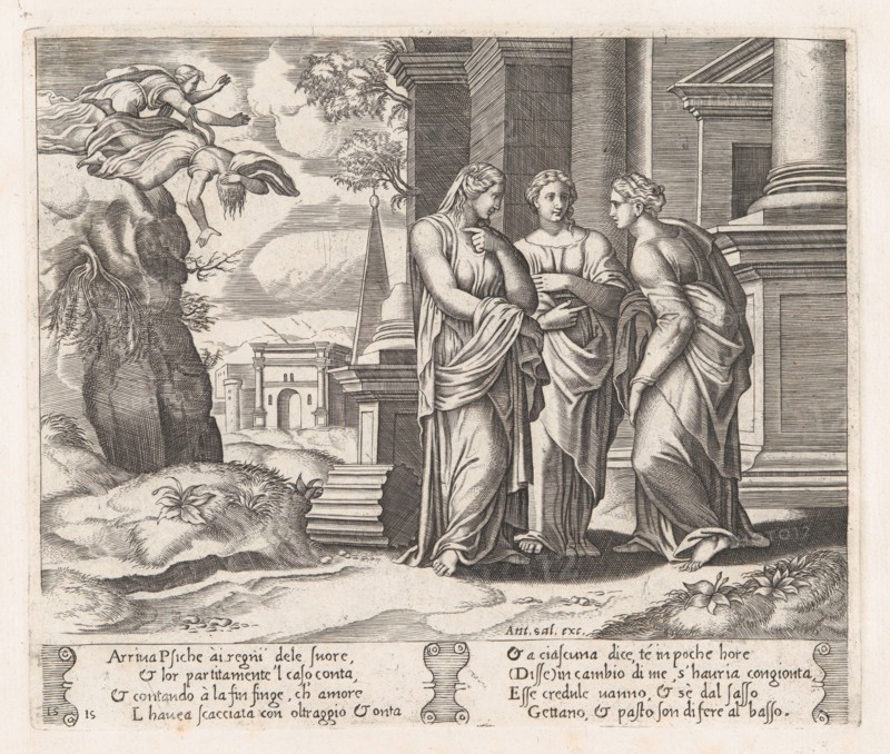 Plate 15: Psyche telling her sisters about her misfortunes, with her sisters falling of..., 1530-60. Creator: Master of the Die.