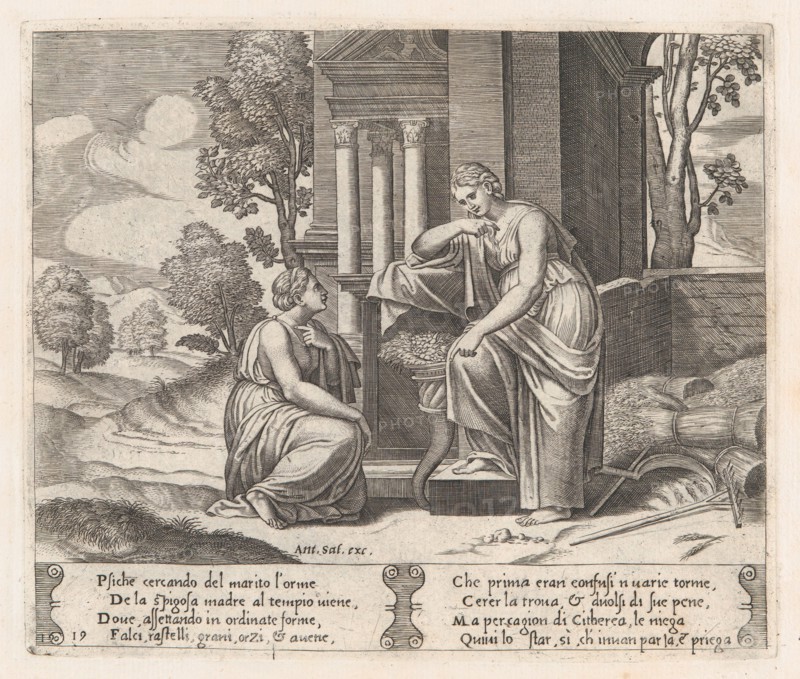 Plate 19: Ceres at right, leaning on a pedestal, refusing to assist Psyche, from the St..., 1530-60. Creator: Master of the Die.
