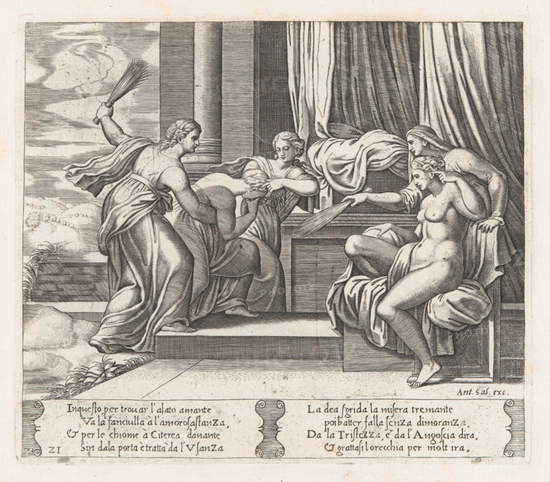 Plate 21: Female personifications of Sorrow and Pain at right punishing Psyche at the b..., 1530-60. Creator: Master of the Die.