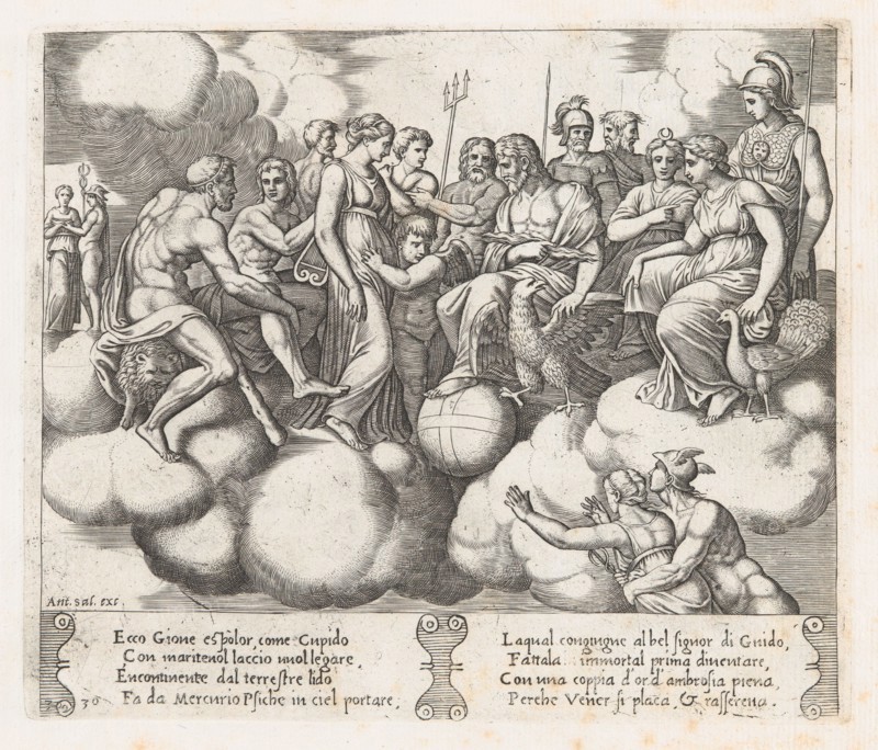 Plate 30: Venus and Cupid pleading their case before Jupiter and other Gods with Mercur..., 1530-60. Creator: Master of the Die.