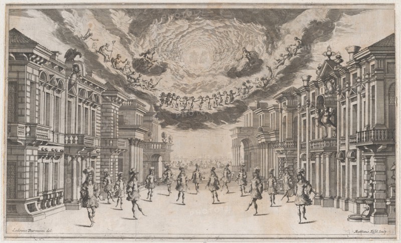 A group of young men dancing as the gods look on from above; set design from 'Il Pomo D'Or..., 1668. Creator: Mathäus Küsel.