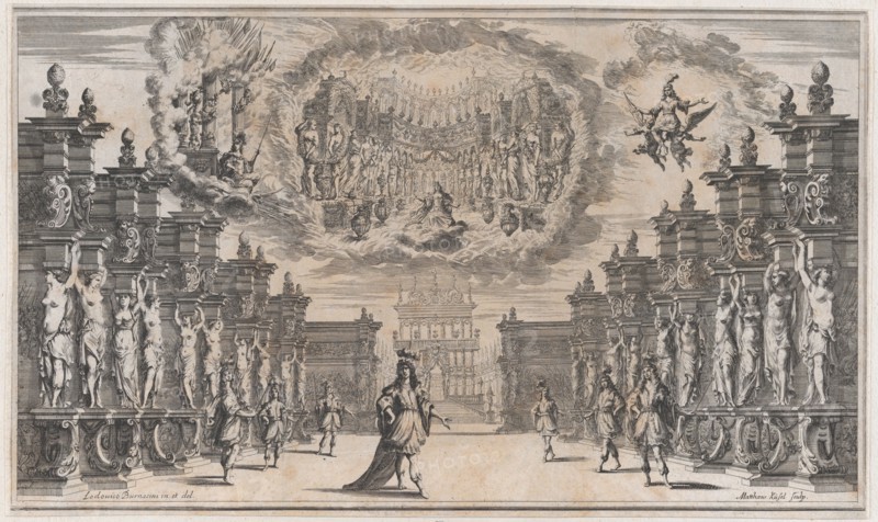 Courtyard of a palace with a man standing at center surrounded by attendants; above, a vis..., 1668. Creator: Mathäus Küsel.