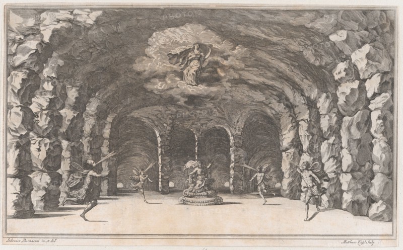 Cavern of Aeolus; a cave with wind gods blowing on either side of Aeolus who sits enthrone..., 1668. Creator: Mathäus Küsel.