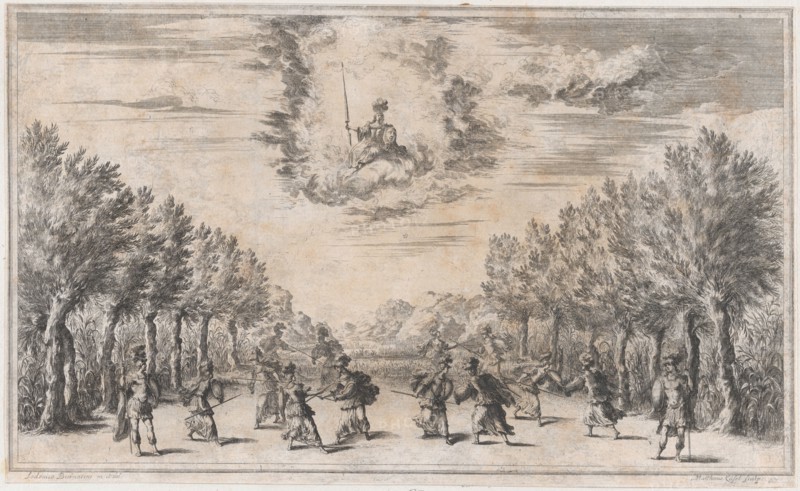 Marsh of Triton; figures battling as Minerva looks on from above; set design from 'Il Pomo..., 1668. Creator: Mathäus Küsel.
