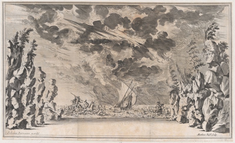 A shore framed by rocks, with Neptune in his chariot on the left and Salacia in hers on th..., 1668. Creator: Mathäus Küsel.