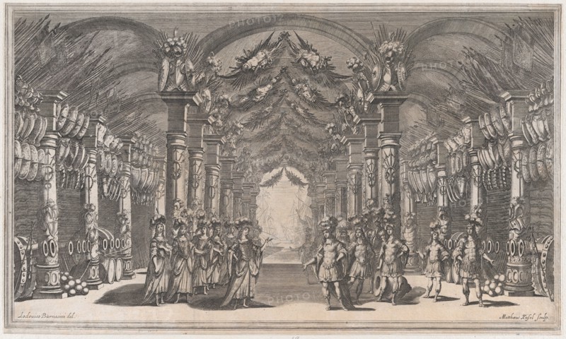 Arsenal of Mars; a group of soldiers standing across from a group of women in an arsenal; ..., 1668. Creator: Mathäus Küsel.