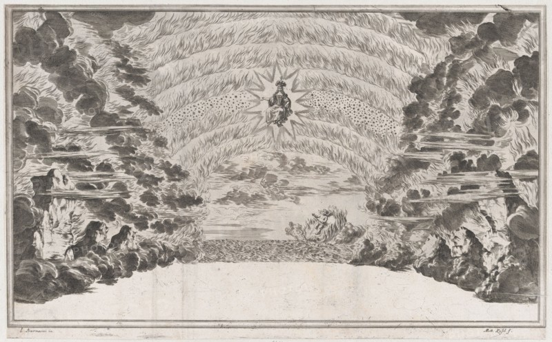 A female figure in glory at center, surrounded by burning rocks; below Cupid sailing on a ..., 1668. Creator: Mathäus Küsel.
