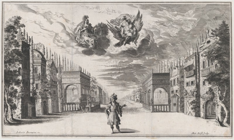 A man stands at center, flanked by rows of buildings; above Jupiter atop an eagle and Juno..., 1668. Creator: Mathäus Küsel.