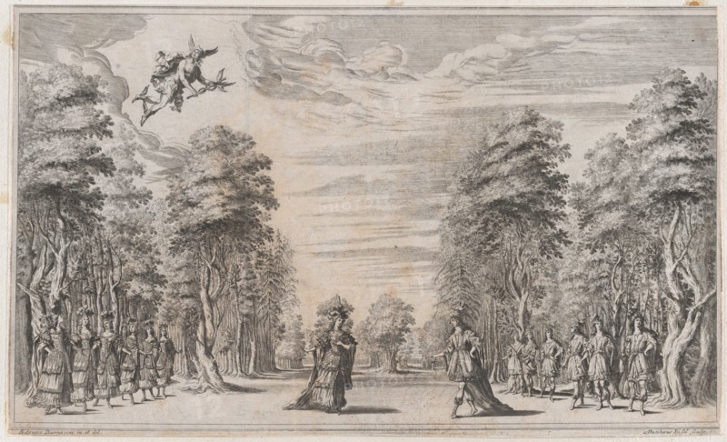 A man and a woman conversing at center, surrounded by a row of young men to the right and ..., 1668. Creator: Mathäus Küsel.