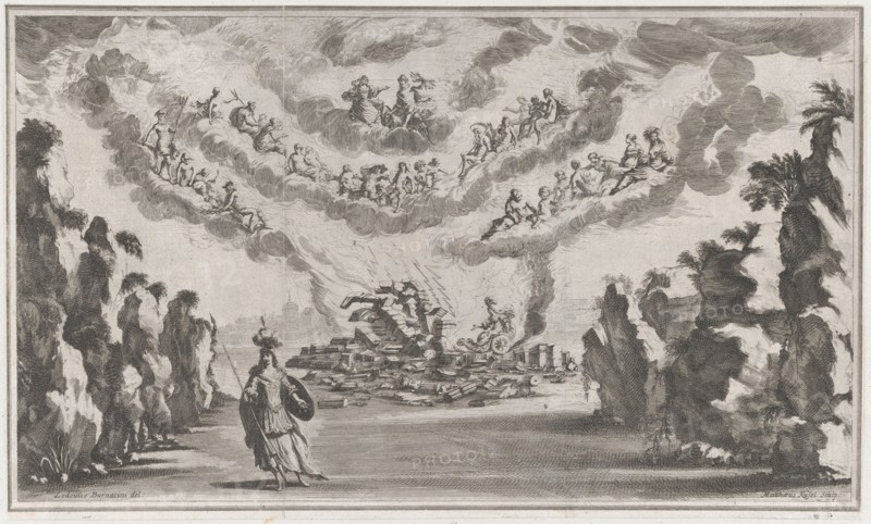 A woman in a chariot arrives at the ruins of a building as the Olympian gods look down fro..., 1668. Creator: Mathäus Küsel.