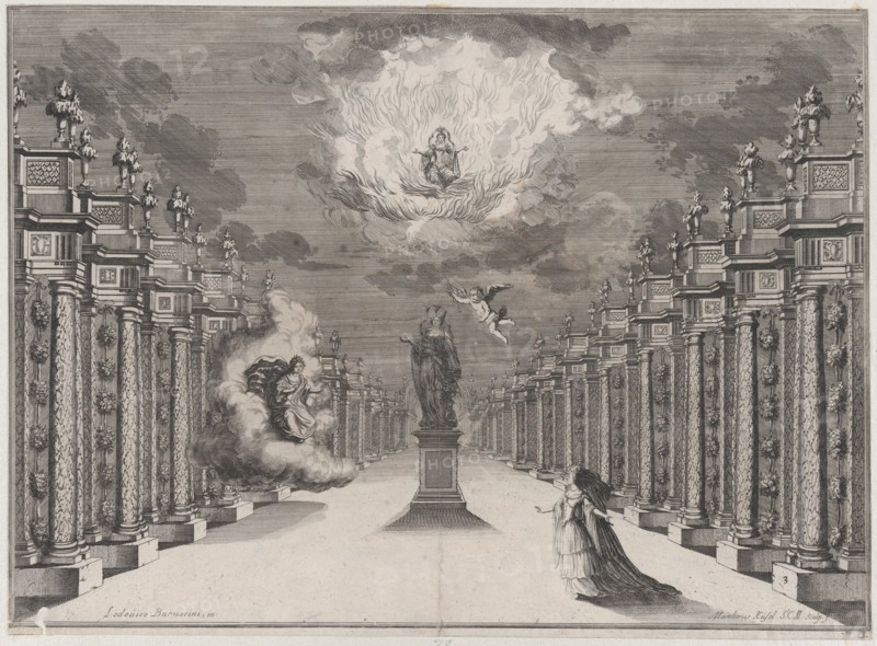 A woman standing on the right side of a road lined with columns; at center a statue of a f..., 1674. Creator: Mathäus Küsel.