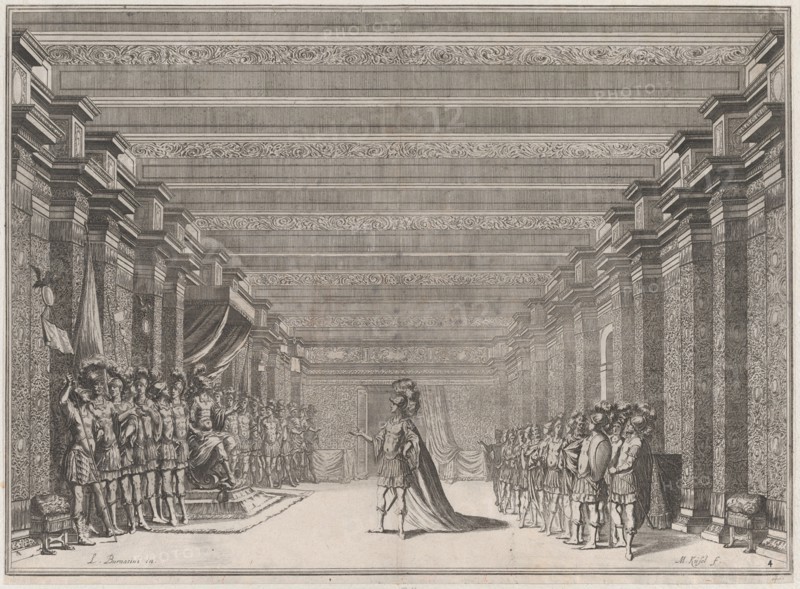 Throne room with a man in classical armor standing at center addressing a man seated on a ..., 1674. Creator: Mathäus Küsel.