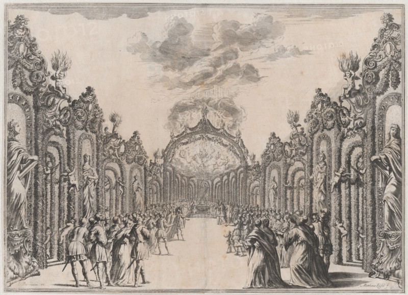 A sacrifice to the Olympian gods taking place at the end of a path lined with statues and ..., 1674. Creator: Mathäus Küsel.