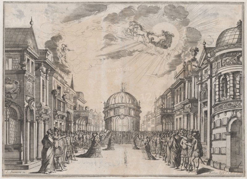 A large gathering of people in the street as a goddess races across the sky in a chariot l..., 1674. Creator: Mathäus Küsel.
