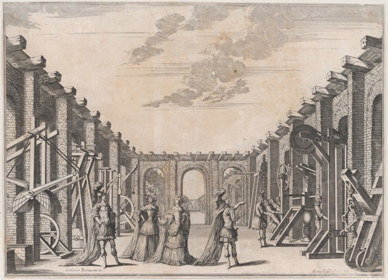 Two men in classical armor and two women looking at the mechanical devices on either side ..., 1674. Creator: Mathäus Küsel.