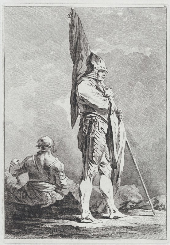 Two Soldiers, One Standing Holding a Flag, One Seated Seen from Behind, 1764. Creator: Matthias Pfenninger.