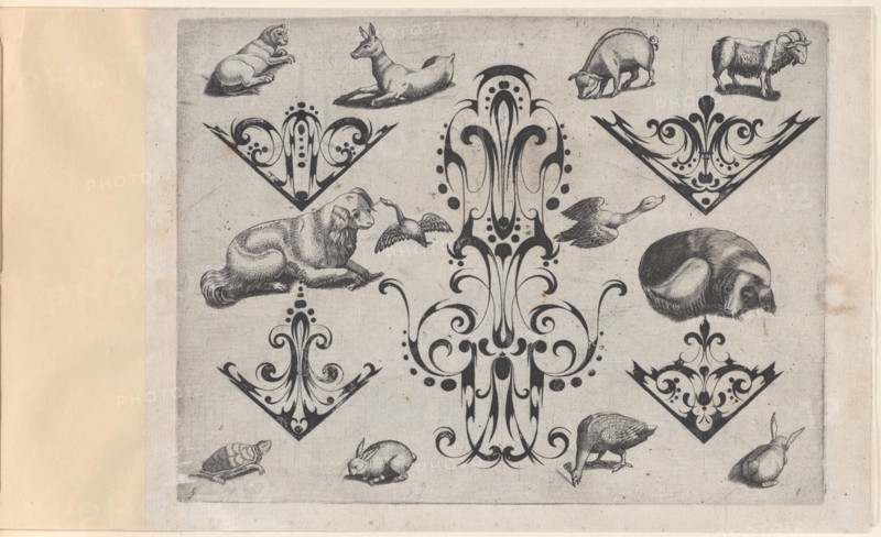 Blackwork Designs with Various Mammals and Birds, Plate 5 from a Series of Blackwork..., after 1622. Creator: Meinert Gelijs.