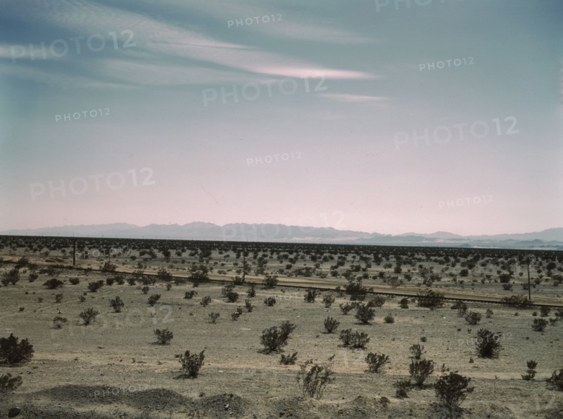 Mojave Desert country, crossed by Santa Fe R.R., Cadiz, Calif., 1943. Creator: Jack Delano.