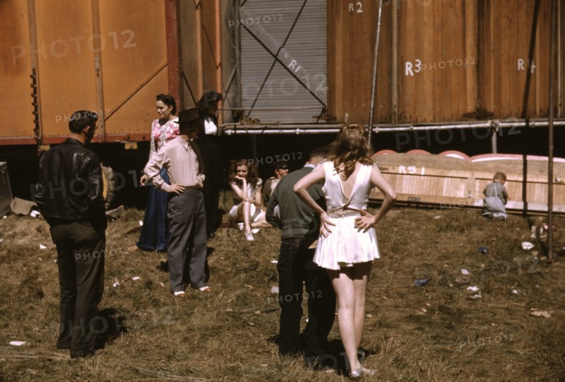 Backstage at the "girlie" show at the Vermont state fair, Rutland, 1941. Creator: Jack Delano.