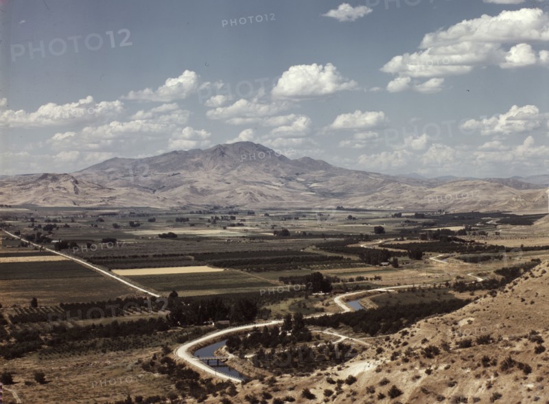 Cherry orchards, farm lands and irrigation ditch at Emmett, Idaho, 1941. Creator: Russell Lee.