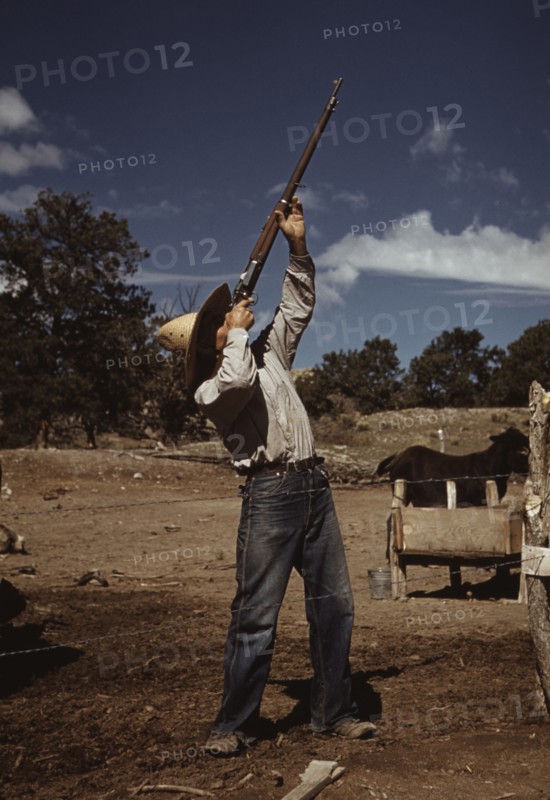 Mr. Leatherman, homesteader, shooting hawks..., Pie Town, New Mexico, 1940. Creator: Russell Lee.