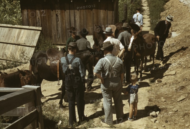 Mountaineers and farmers trading mules and horses on "Jockey St.,", Campton, Wolfe County, Ky., 1940 Creator: Marion Post Wolcott.