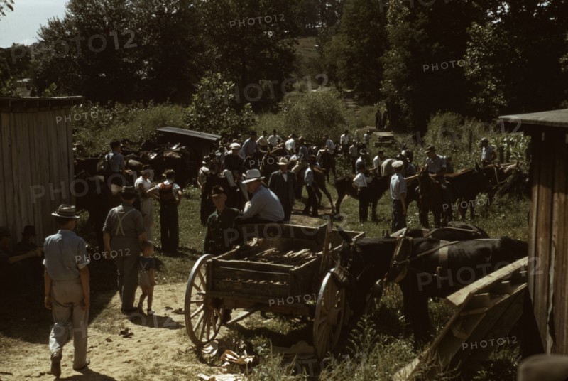 Mountaineers and farmers trading mules and horses on "Jockey St.,", Campton, Wolfe County, Ky., 1940 Creator: Marion Post Wolcott.
