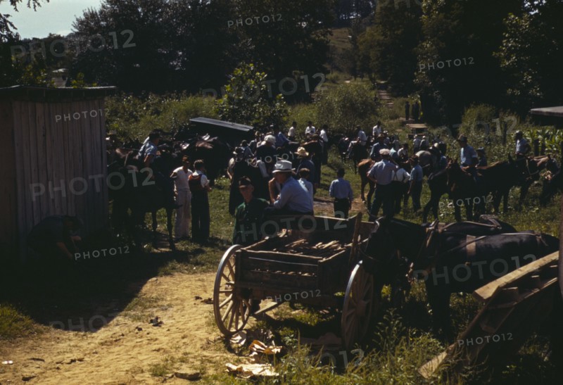 Mountaineers and farmers trading mules and horses on "Jockey St.,", Campton, Wolfe County, Ky., 1940 Creator: Marion Post Wolcott.