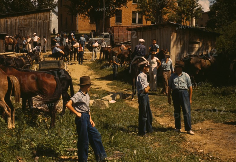 Mountaineers and farmers trading mules and horses on "Jockey St.,", Campton, Wolfe County, Ky., 1940 Creator: Marion Post Wolcott.