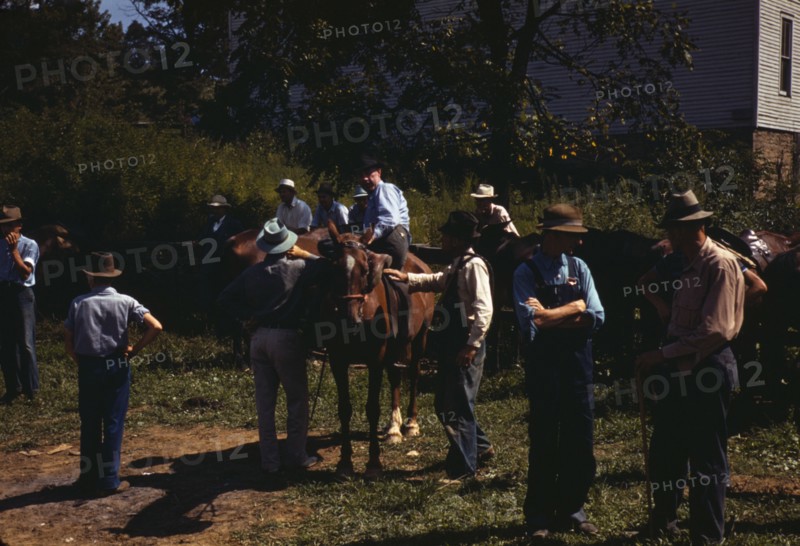 Mountaineers and farmers trading mules and horses on "Jockey St.,", Campton, Wolfe County, Ky., 1940 Creator: Marion Post Wolcott.