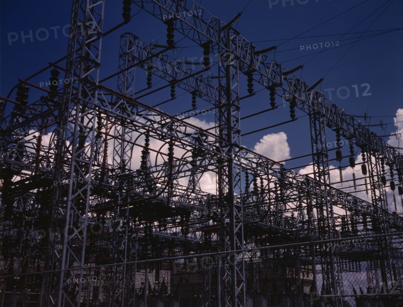 Section of one of the switchyards from which high....Wilson Dam..., Sheffield vicinity, Ala., 1942. Creator: Alfred T Palmer.