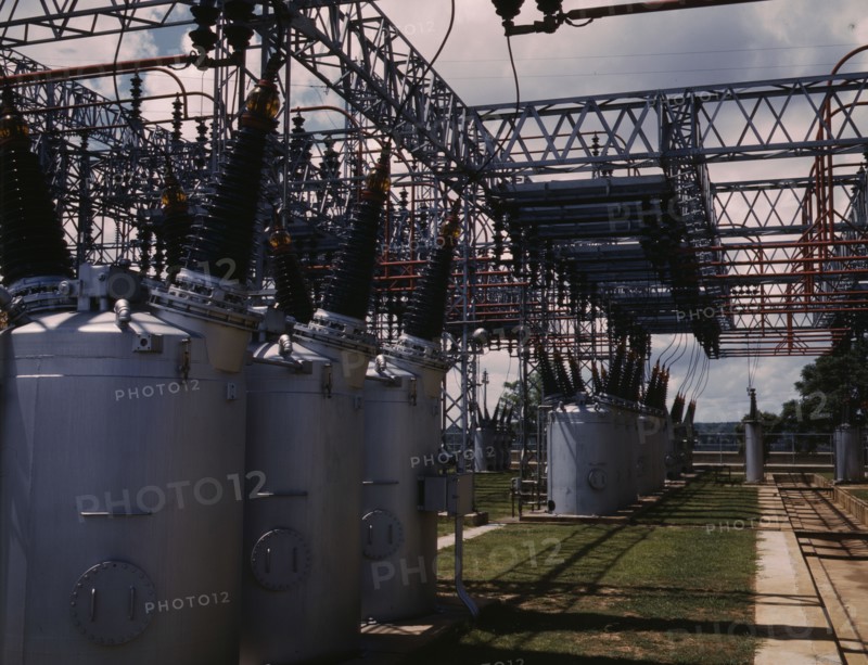 Switch yard at TVA's Wilson Dam hydroelectric plant, vicinity of Sheffield, Ala., 1942. Creator: Alfred T Palmer.