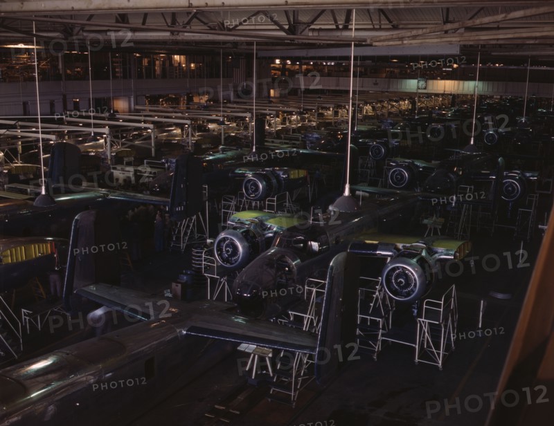 View of the B-25 final assembly line at North American Aviation's Inglewood, California, plant, 1942 Creator: Alfred T Palmer.
