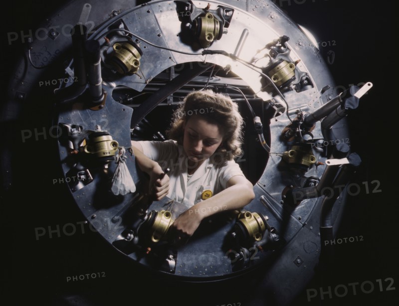 Part of the cowling for one of the motors for a B-25...North American Aviation, Inglewood, CA., 1942 Creator: Alfred T Palmer.