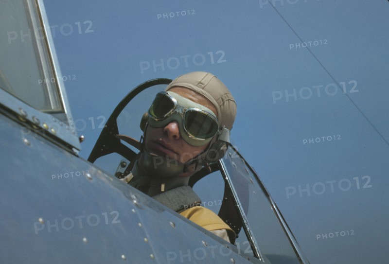 Marine lieutenant, glider pilot in training, ready for..., at Page Field, Parris Island, S.C., 1942. Creator: Alfred T Palmer.