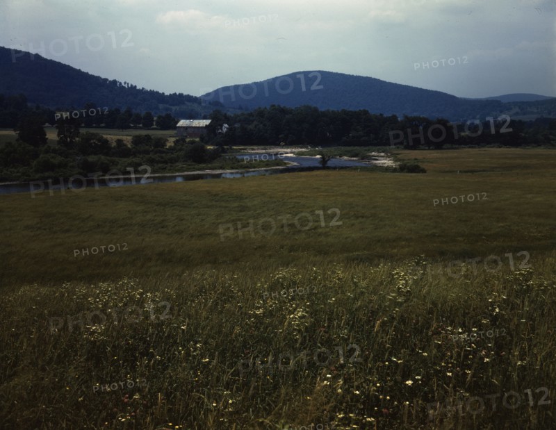 Farmland along the upper Delaware River in New York state., 1943. Creator: John Collier.