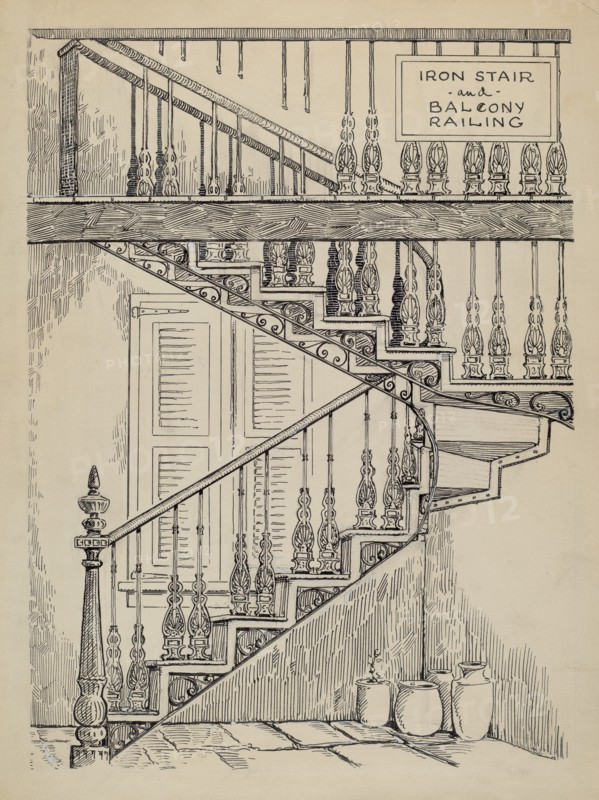Iron Work on Stairway, c. 1936.