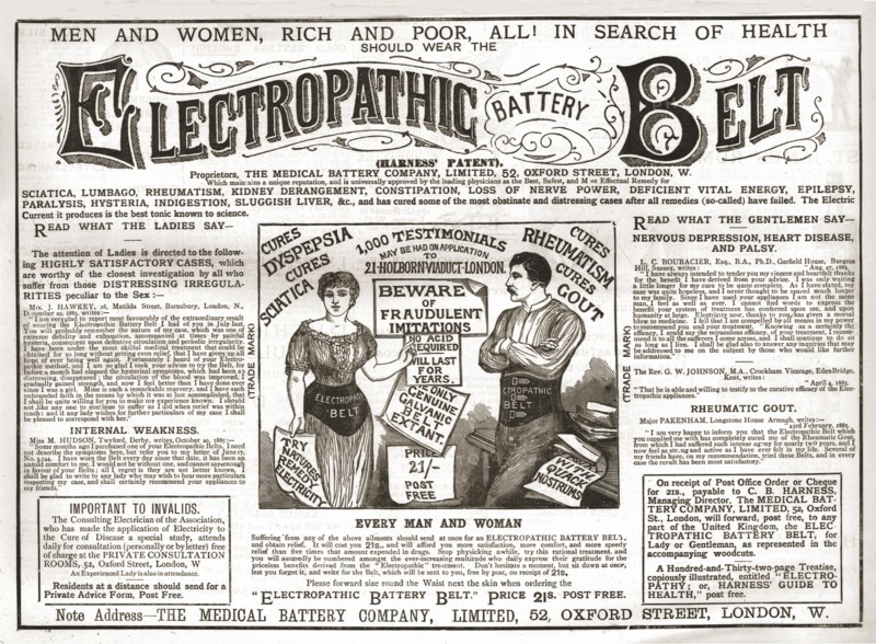 'Electropathic Battery Belt', 1886.  Creator: Unknown.