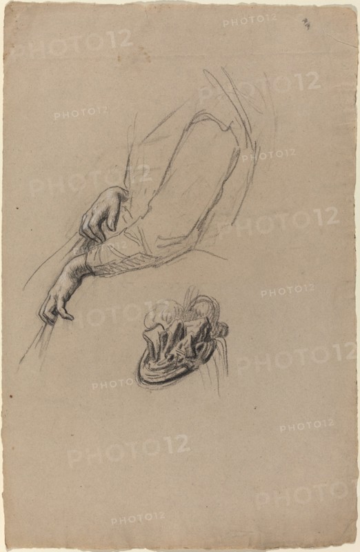 Young Woman's Hands and Beribboned Hat, 1890s.