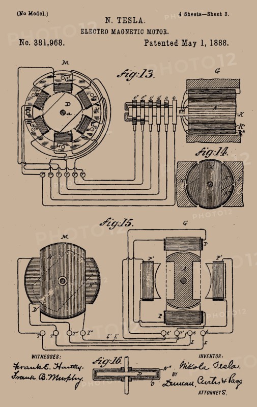 Tesla's Electro-magnetic motor patent. Private Collection.