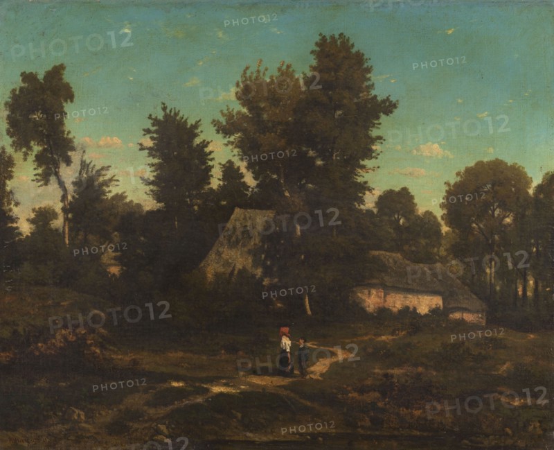 Landscape with thatched cottages.