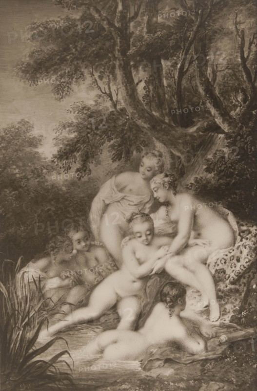 Diana bathing surrounded by five nymphs.