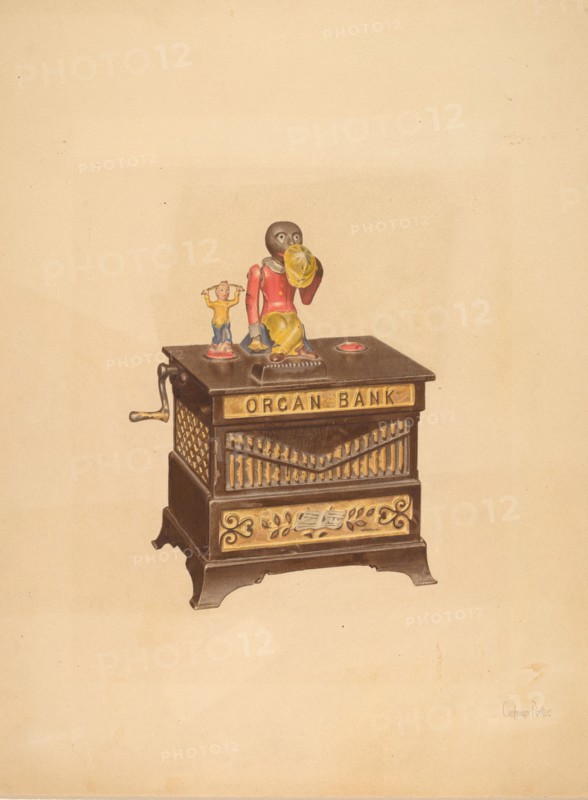 Toy Bank: Monkey and Hurdy-Gurdy, c. 1939.