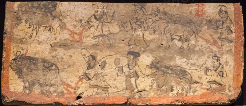 Ox ploughing. From tomb room, 3rd cen. AD. Creator: Chinese Master.