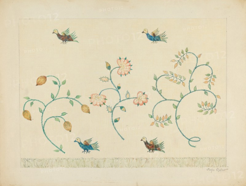 Set of Crewel Embroidered Bed Curtains, c. 1939.