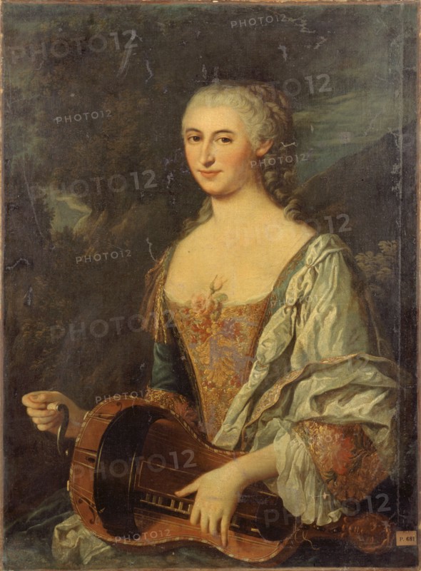 Portrait of a woman playing the hurdy-gurdy, c1740.