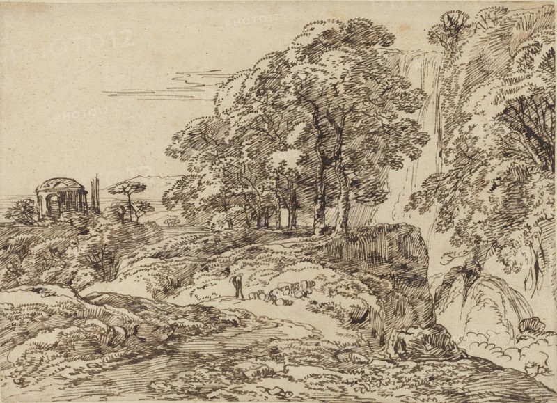 Pastoral Landscape with a Waterfall and a Temple.