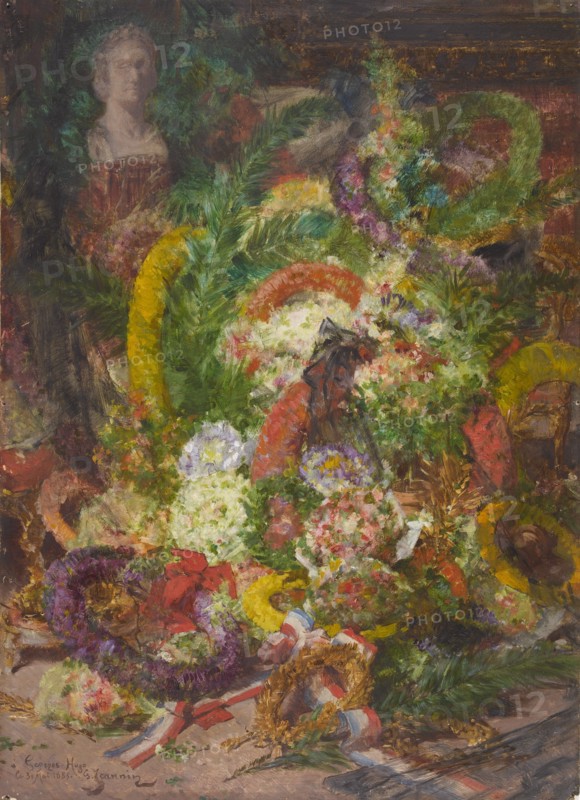 Flowers and wreaths in the burial chamber, 1885.